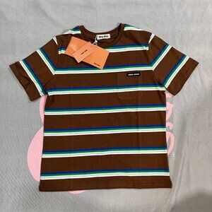 Miu Miu Colorblock Striped Logo Crew Neck Short-Sleeved Shirt